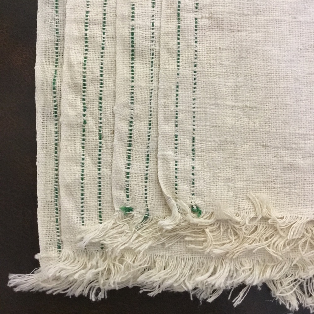 Set of 4 Vintage Frayed Edge Cloth Placemats or Napkins Stitched Cream Green